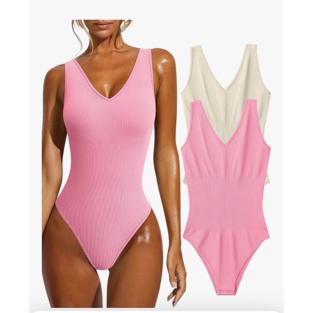 GXIN Women's 2 Pc Sexy Bodysuits V-neck High Cut Pink Beige Ribbed Size M C309